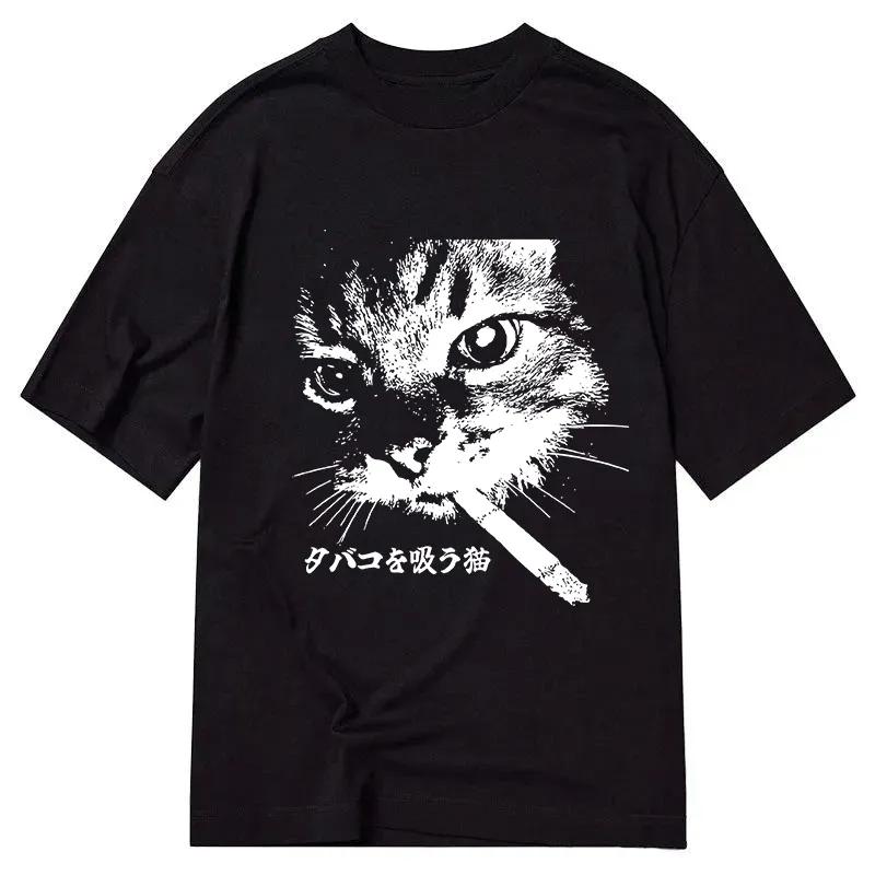

Retro Cat Smoking Printed Cotton T-shirt Summer Men s and Women s New Clothing Fashion Casual High Quality T-shirt Street Wea... S разноцветный