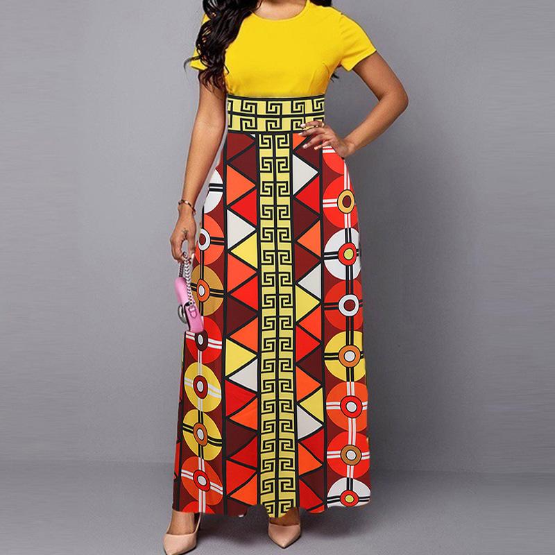 

Color Block Print Short Sleeve Bodycon A-line Long Dress XL