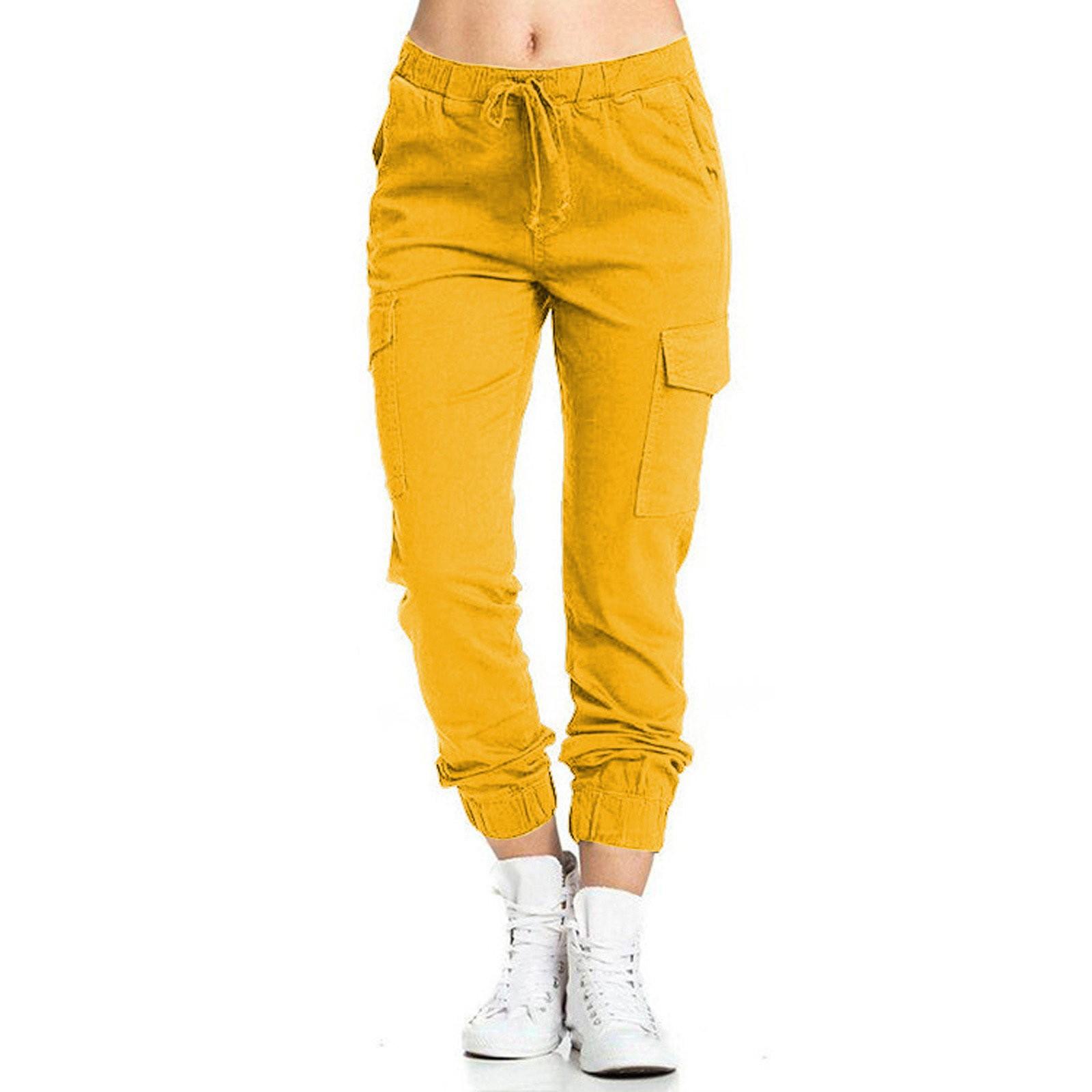 

Женские однотонные повседневные брюки-карандаш с эластичной резинкой на талии и боковыми карманами XXXL жёлтый