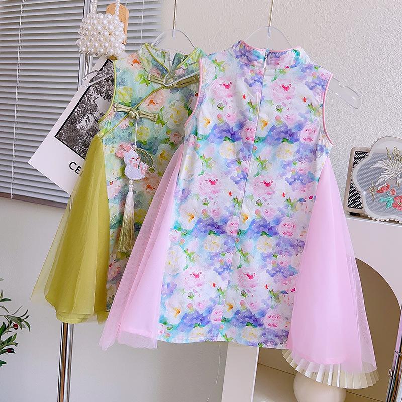 Girls Summer Chinese Mesh Princess Vest Dress Improved Cheongsam Dress