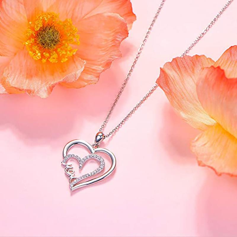 Silver Plated Double Heart “Mom” CZ Pendant Necklace, Mother’s Day Gift Cable Chain Necklace for Women