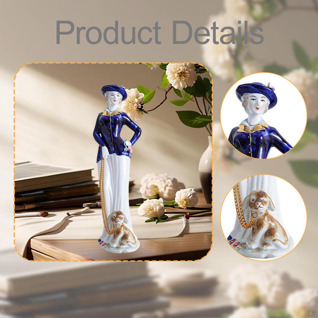 Ceramic Lady and Dog Statue Girl Figurine Collection Elegant for Cabinet Living Room