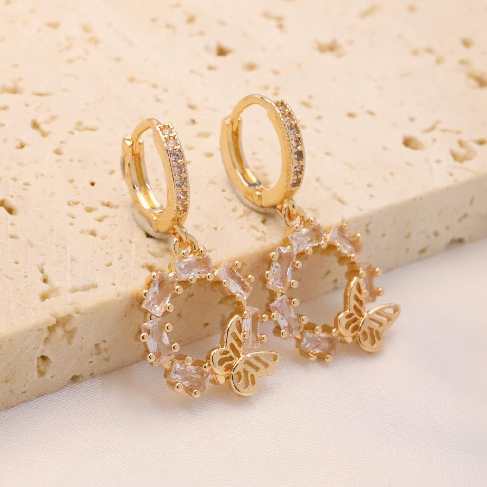 1 Pair Luxury Round Zirconia with Butterfly Dangle Earrings for Women Golden Earring Jewelry Wedding Party Accessories