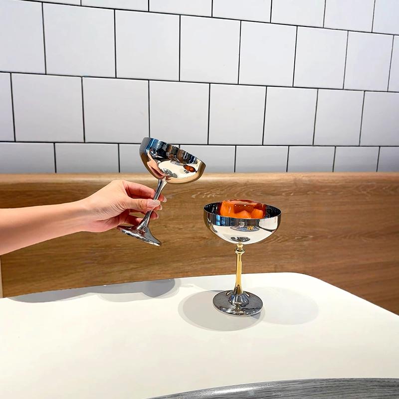 304 Stainless Steel Tall Footed Design Bar Dessert Cup Creative Salad Bowl Restaurant Silver Retro Ice Cream Cup Accessories
