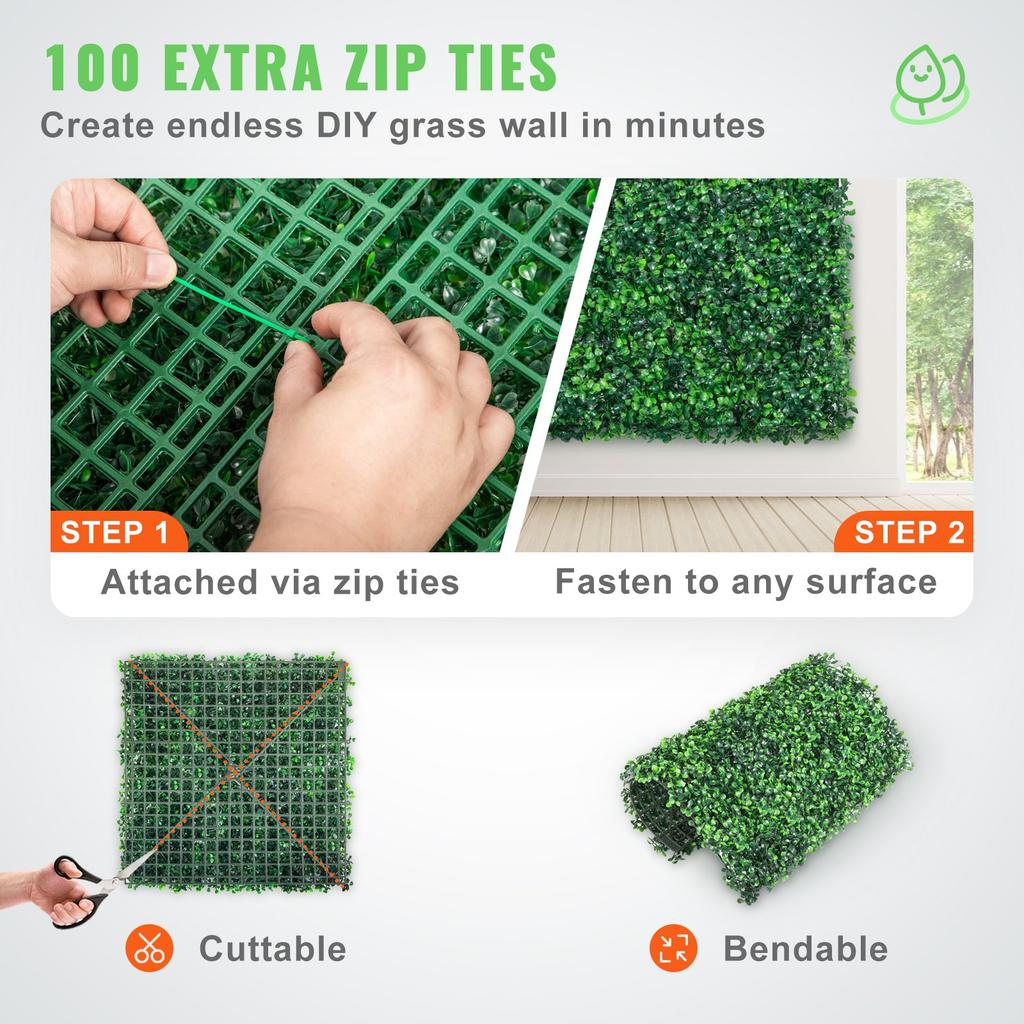 VEVOR Artificial Boxwood Panel UV 24pcs Boxwood Hedge Wall Panels Artificial Grass Backdrop Wall 20" X 20" 4 Cm Green Grass Wall Fake Hedge