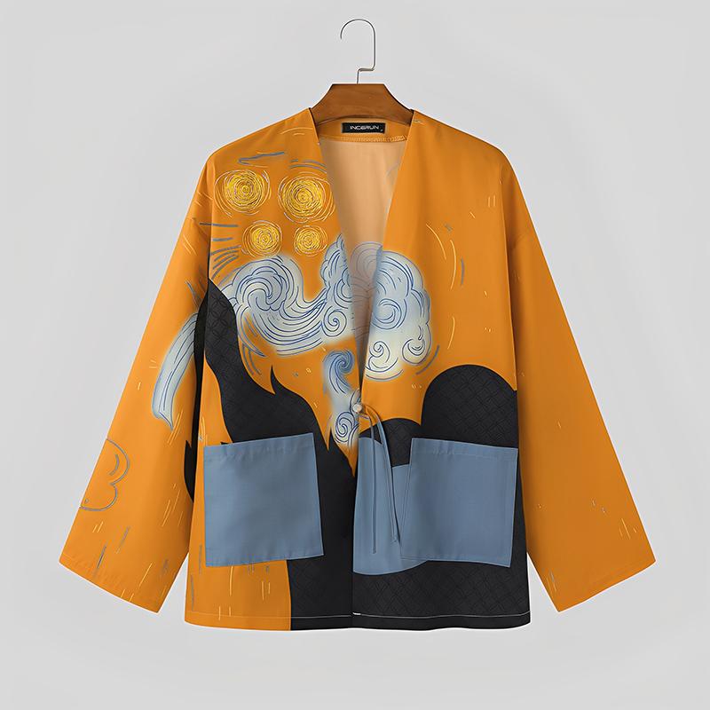 

INCERUN Мужской Весенний Кардиган с Длинным Рукавом, Открытый Спереди, с Принтом, Повседневный, Свободного Кроя S жёлтый