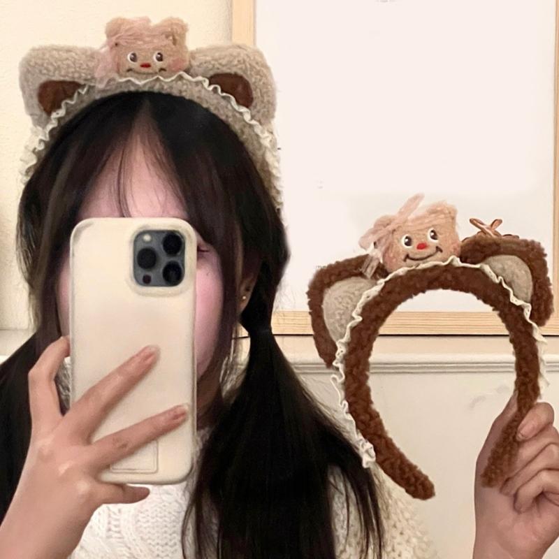 Lace Plush Bear Hairhoop for Adult Children Theme Party Props Cartoon Bear Headband for Women Face Washing Kids Birthday