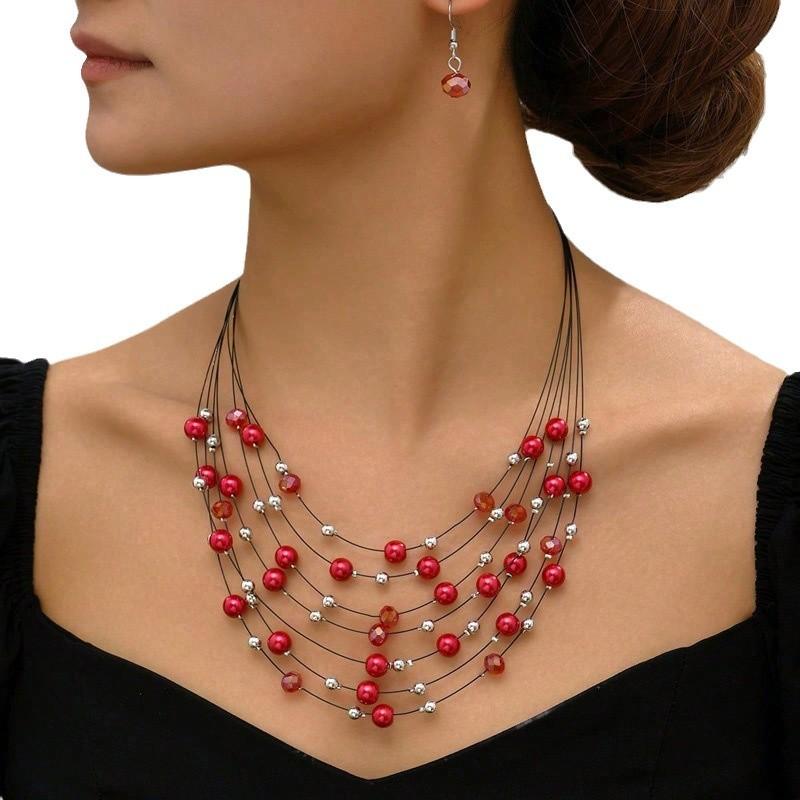 Set di Gioielli da Donna Collana e Orecchini Multi-strato di Perle Versatile Temperamento Stile Europeo Americano Famoso