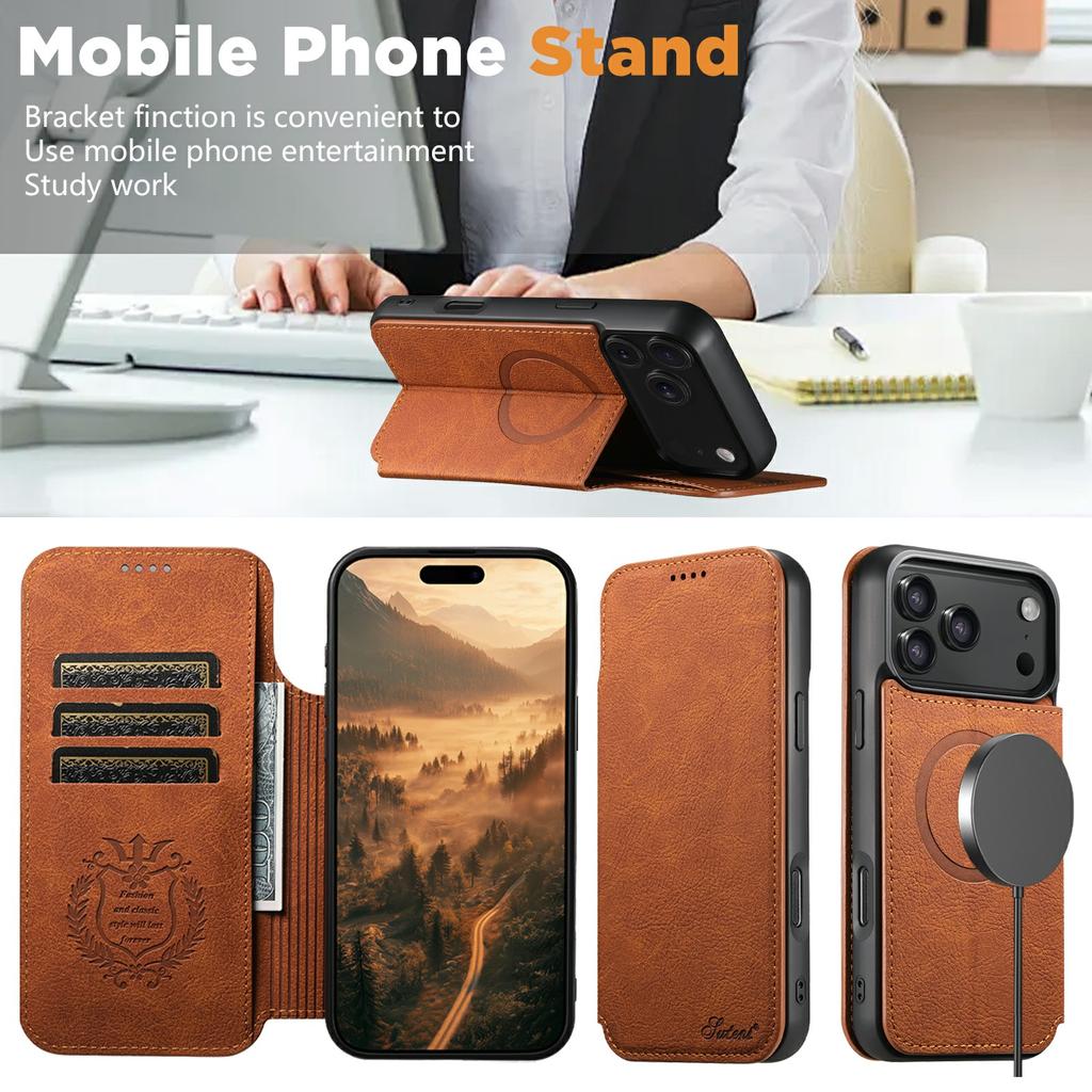 SUTENI J06 Für iPhone 17 Pro Max Hülle Leder mit Litschi-Textur Brieftasche Handyhülle Kompatibel mit MagSafe