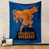 A muscular figure lifts an orange bull above "Progressive Overload" text. Patterned tapestry for bedroom and living room home decor