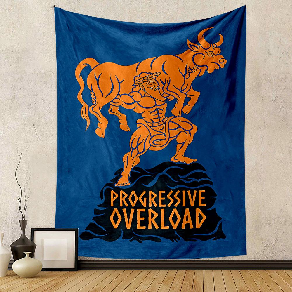 A muscular figure lifts an orange bull above "Progressive Overload" text. Patterned tapestry for bedroom and living room home decor