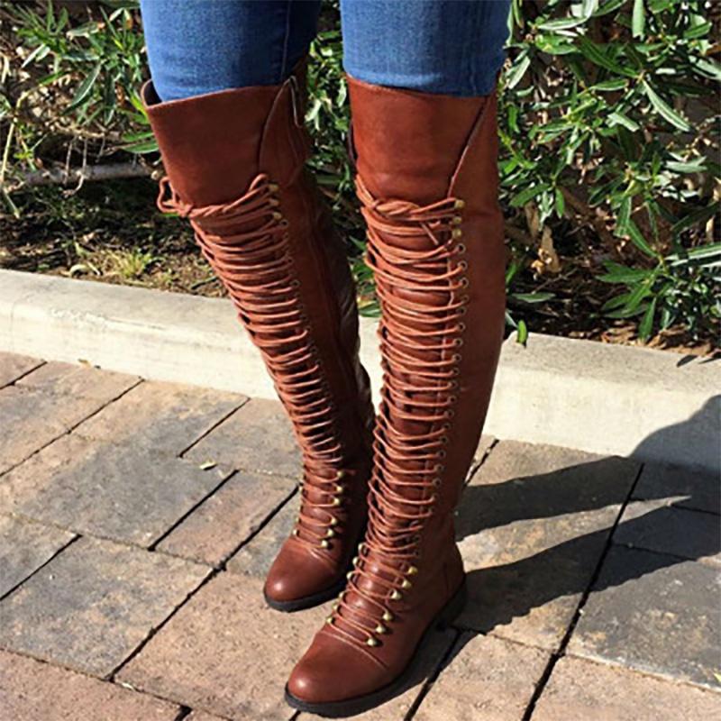Elegant Womens Over The Knee Lace Up Bandage Thigh High Combat Low Heel Boots Flat Shoes For All-day Comfort
