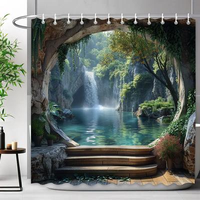 Chinese Archway Scenic Shower Curtain Landscape Waterfall Outdoor Landscape Polyester Fabric Shower Curtains Bathroom Decoration