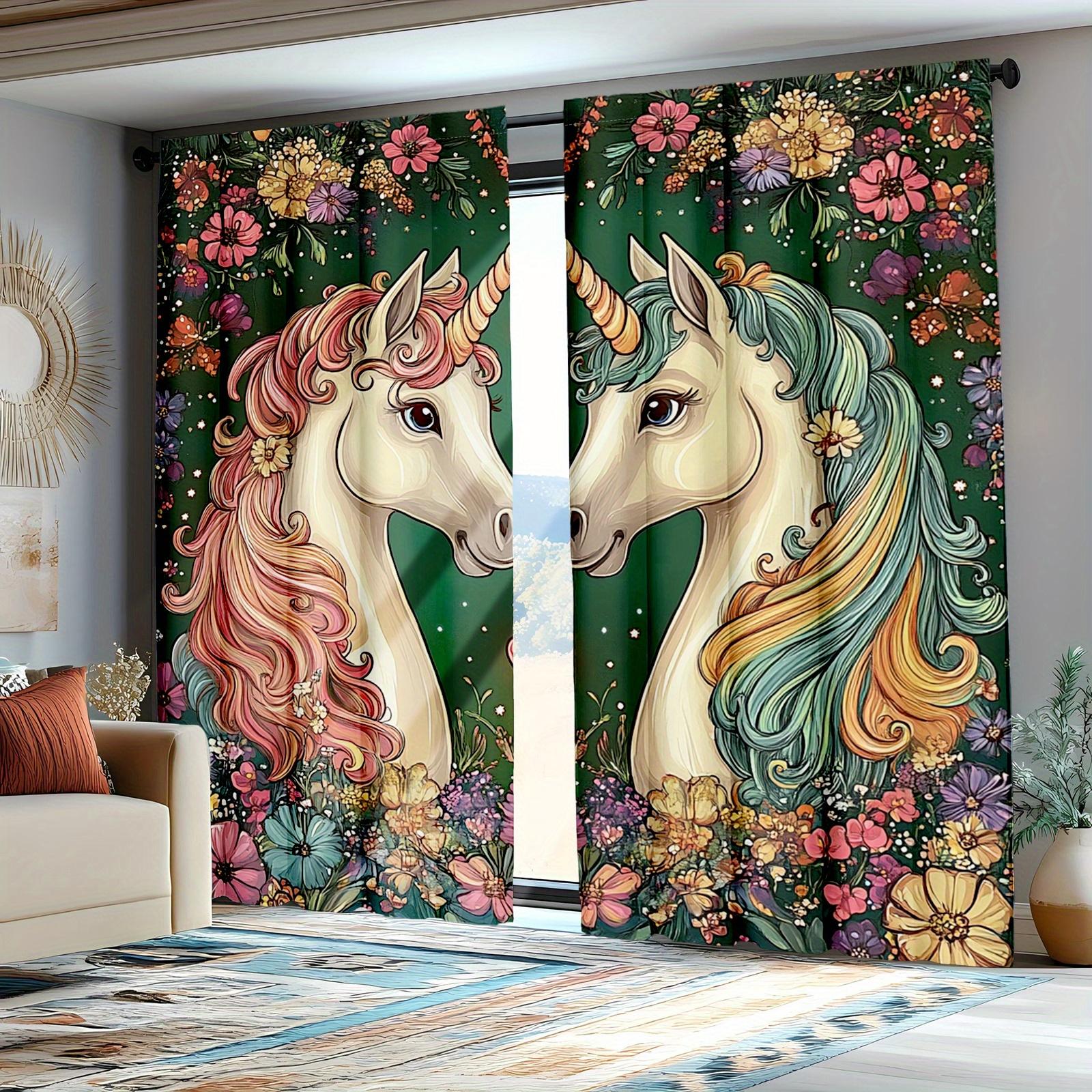 

Set Of 2 Unicorn Princess Curtains Enchanted Floral Fantasy Art Design Semi Transparent Polyester Drapes Bedroom Livi Made Sleeping Area Window W100*H70(CM)-Grommet top&2PCS