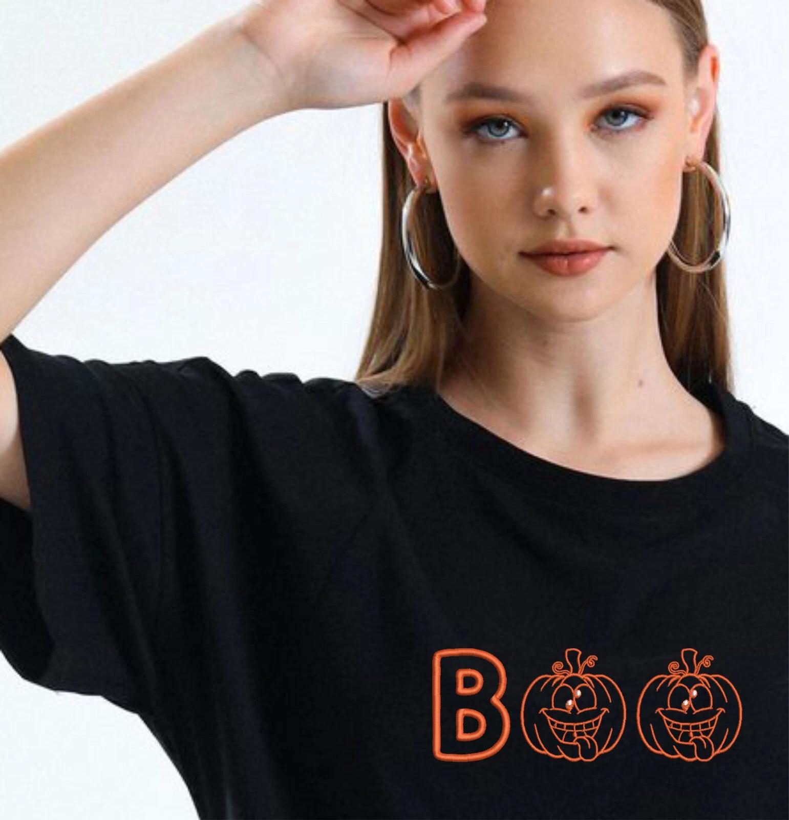 Embroidered Halloween Boo T-Shirt, Halloween Pumpkin Shirt, Spooky Boo Tee Top L