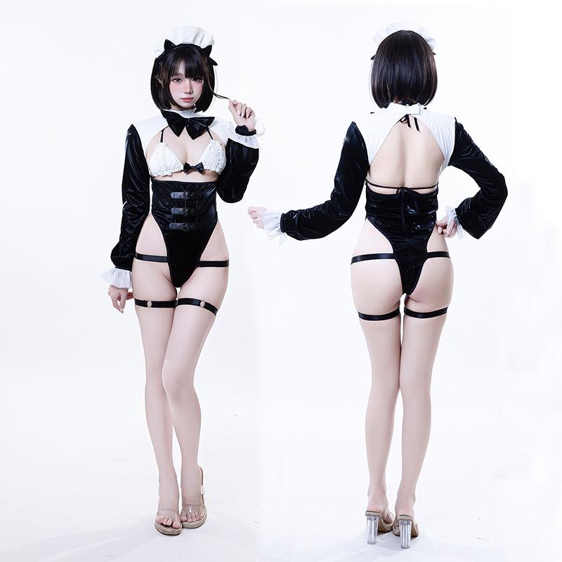 Sexy Open Bra Patent Leather Bodysuit Anime Maid Cosplay Costume Women Sexy Backless Maid Uniform Set Halloween Carnival Clothes