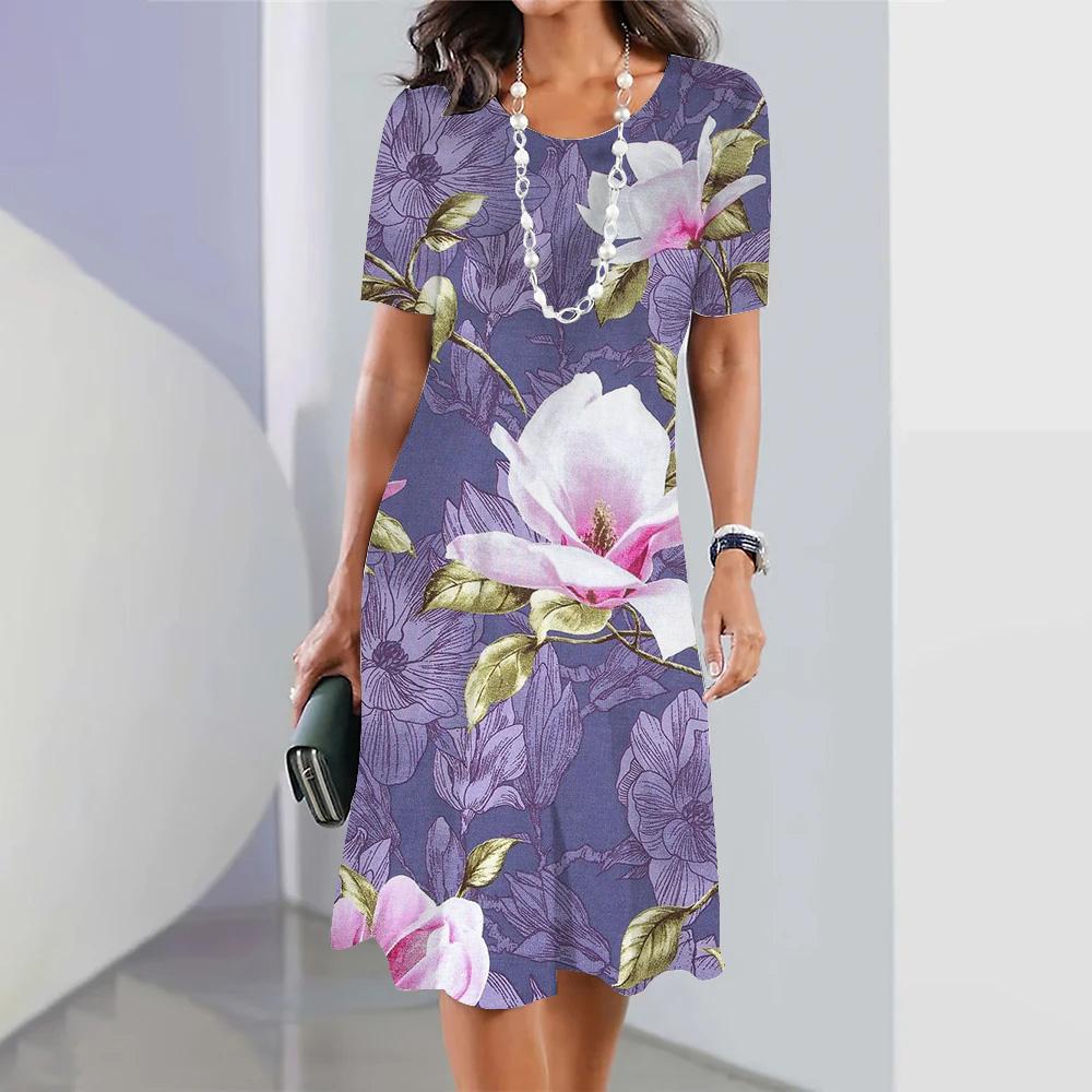 Summer Women's Long Dress Round Neck Long Dress Female Dress Vacation Beach Casual Short Sleeve Elegant Loose Dress