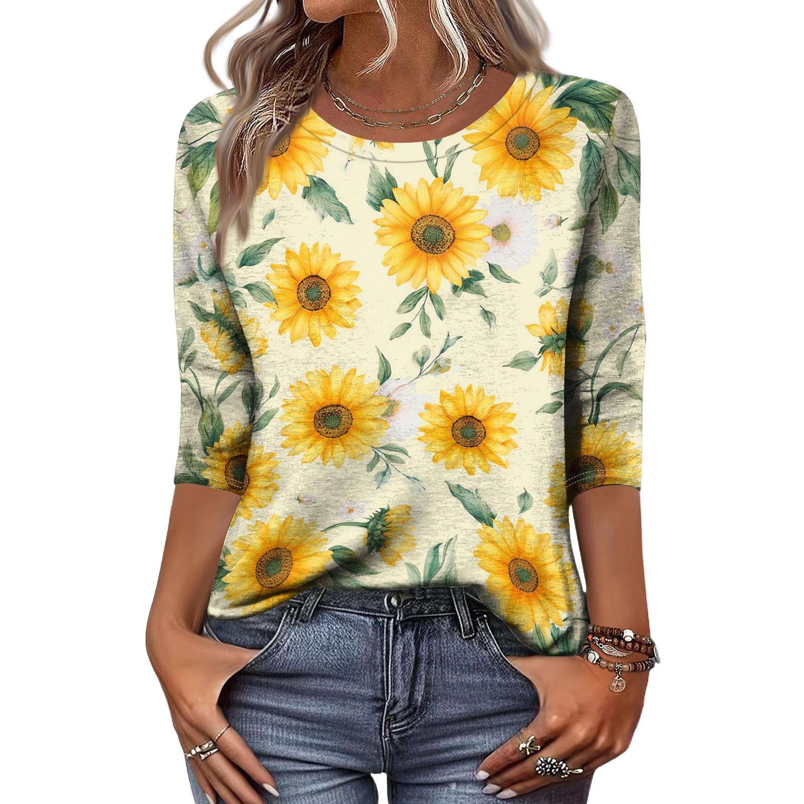 

Women s Fashion Casual Round Neck 3/4 Sleeve Loose Printed T-Shirt Ladies Top L
