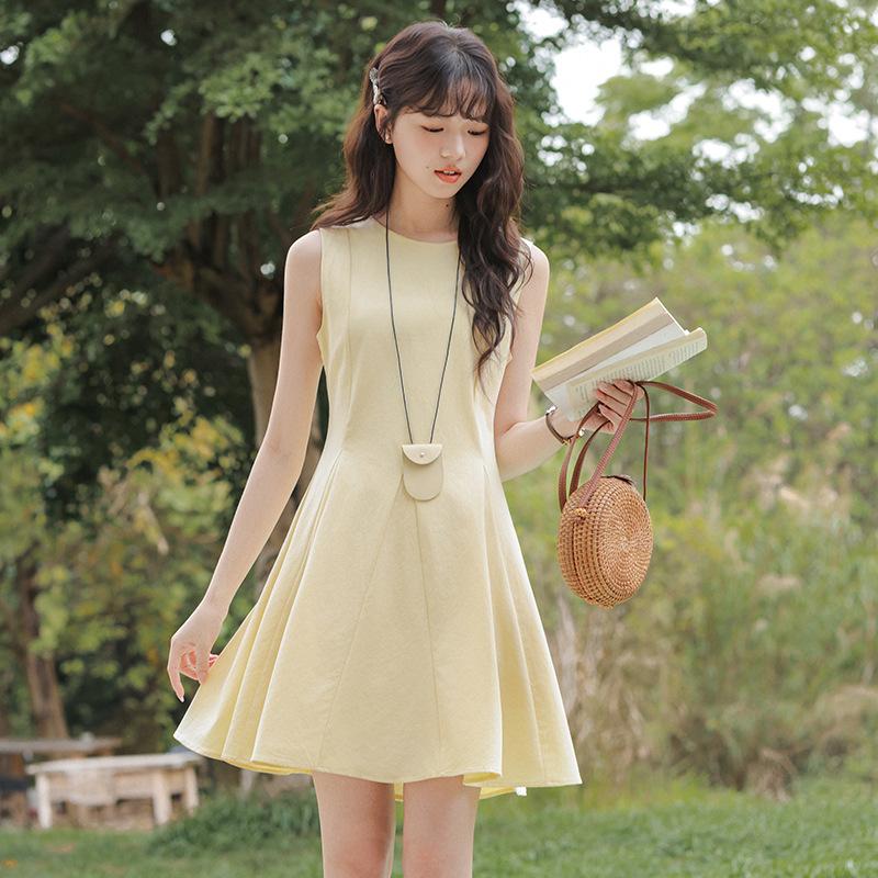 Summer Gentle Sleeveless Crew Neck Waist Dress Women's Small Skirt
