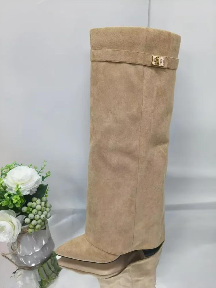 Nuovi Stivali da Donna Autunnali e Invernali a Punta Alti fino al Ginocchio, Stivali Lunghi con Tacco Spesso, Stivali alla Moda a Vita Media