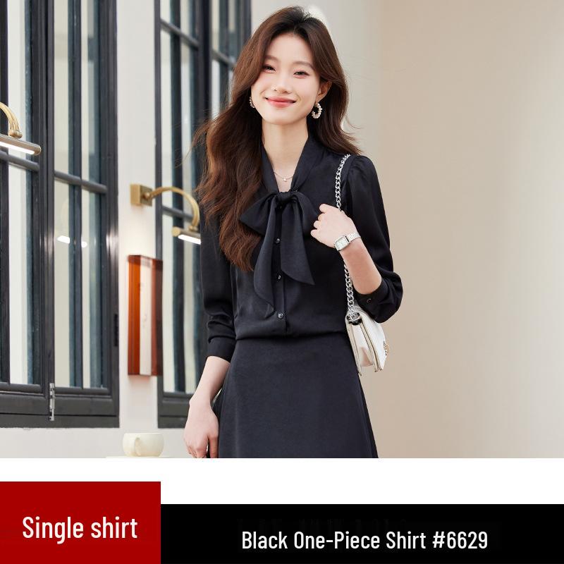 

Женская блузка с длинным рукавом из тутового шелка - Свободный топ с атласной лентой для весны, осени и зимы XXXL