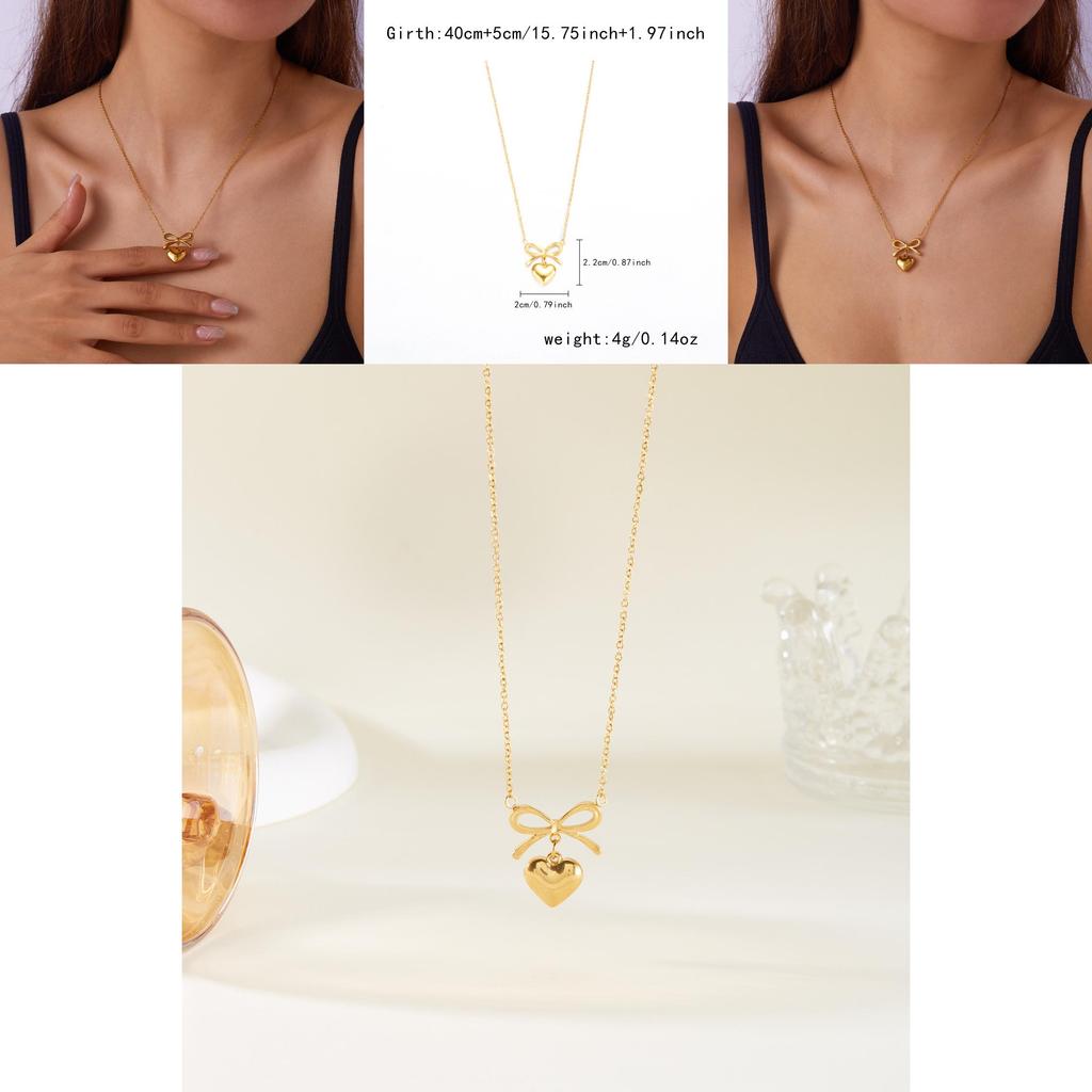 Collier Pendentif Cœur Nœud Papillon Minimaliste en Acier Inoxydable Plaqué Or pour Femmes