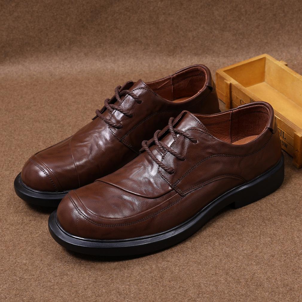 Cowhide Men's Leather Shoes Breathable Lace Up Round Toe Versatile Soft Sole Wear-resistant British Formal Business Casual Men's Shoes