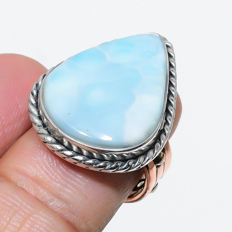 Natural Larimar Gemstone 925 Solid Sterling Silver TwoTone Gift Ring S.8 B2w20