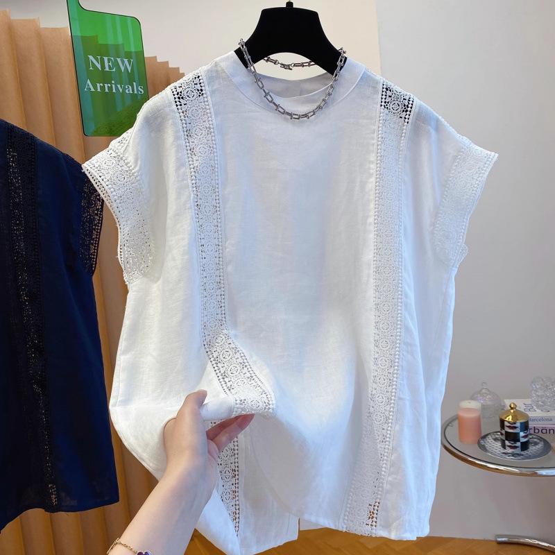 Women's White Lace Cotton Top - 2025 Summer Flutter Sleeve Patchwork Design