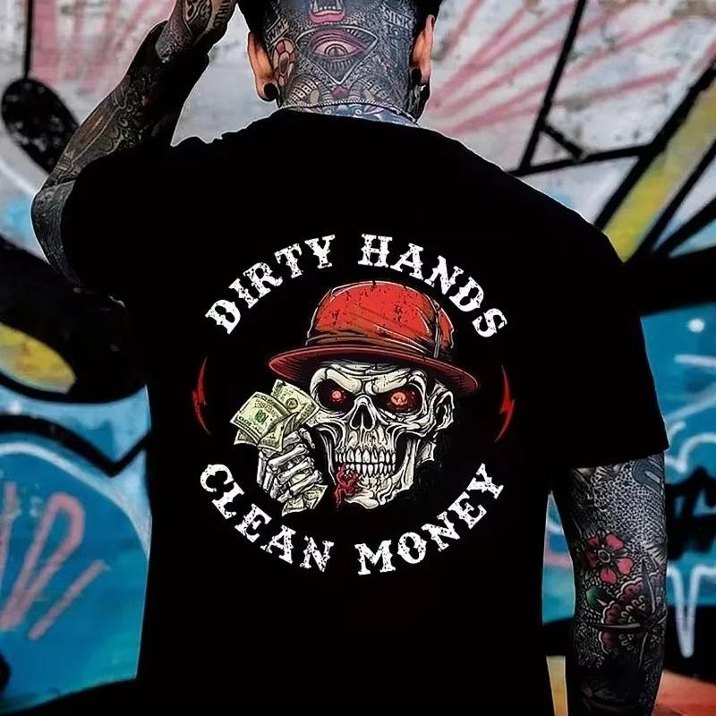 Summer Soft and Comfortable 100% Cotton Men's Casual Skull Letter Printed Round Neck T-shirt Hip-hop Street Short Sleeved Shirt