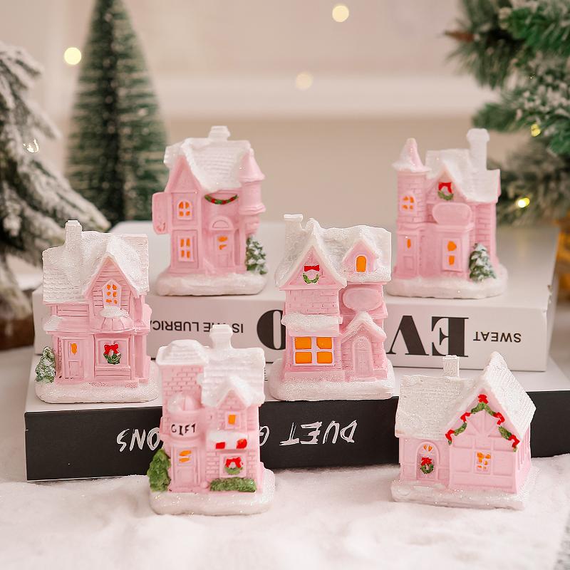 Christmas Decorations Resin Small House Light Up Village House Figurines Cartoon Table Ornament For Holiday Gift Cute Christmas