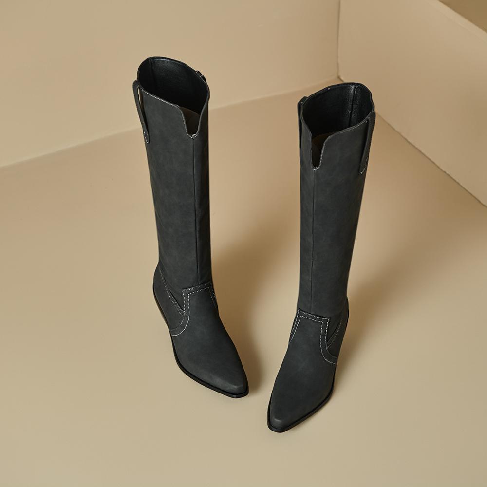 Grey Black Women Knee High Boots High Square Heel Small Big Size 32 48