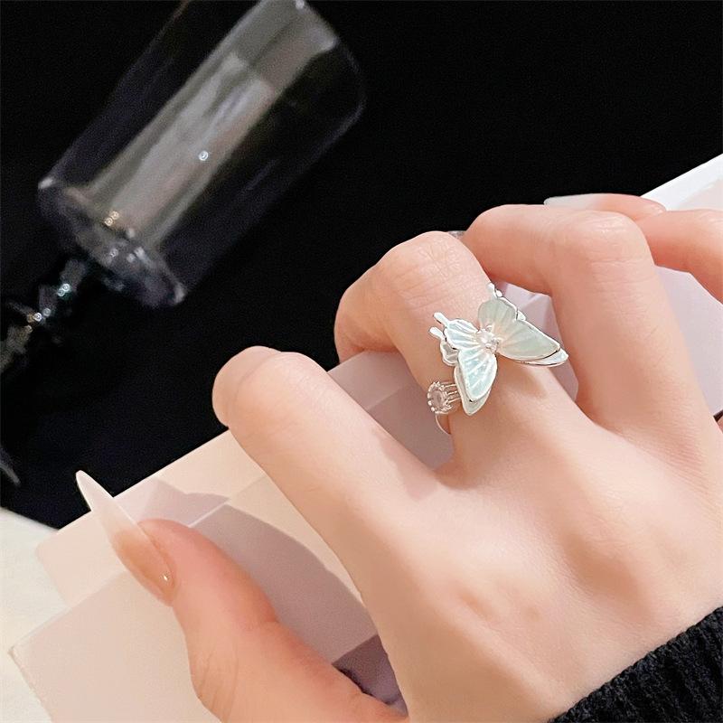 Light Luxury Silver Enamel Butterfly Open Ring Niche Design Sweet Romantic Personality Female Accessories Creative Ring