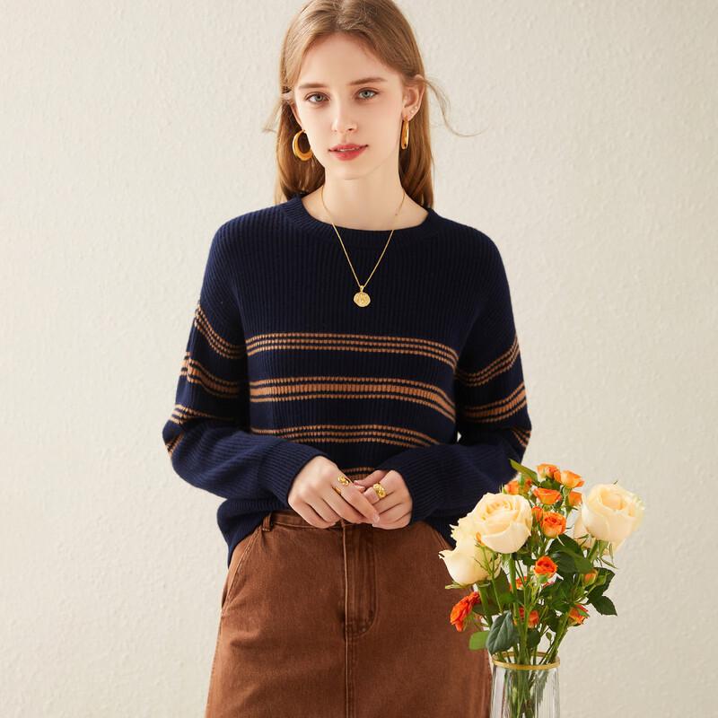 TUHUANG Women's Thickened 100% Wool Color Block Round Neck Sweater