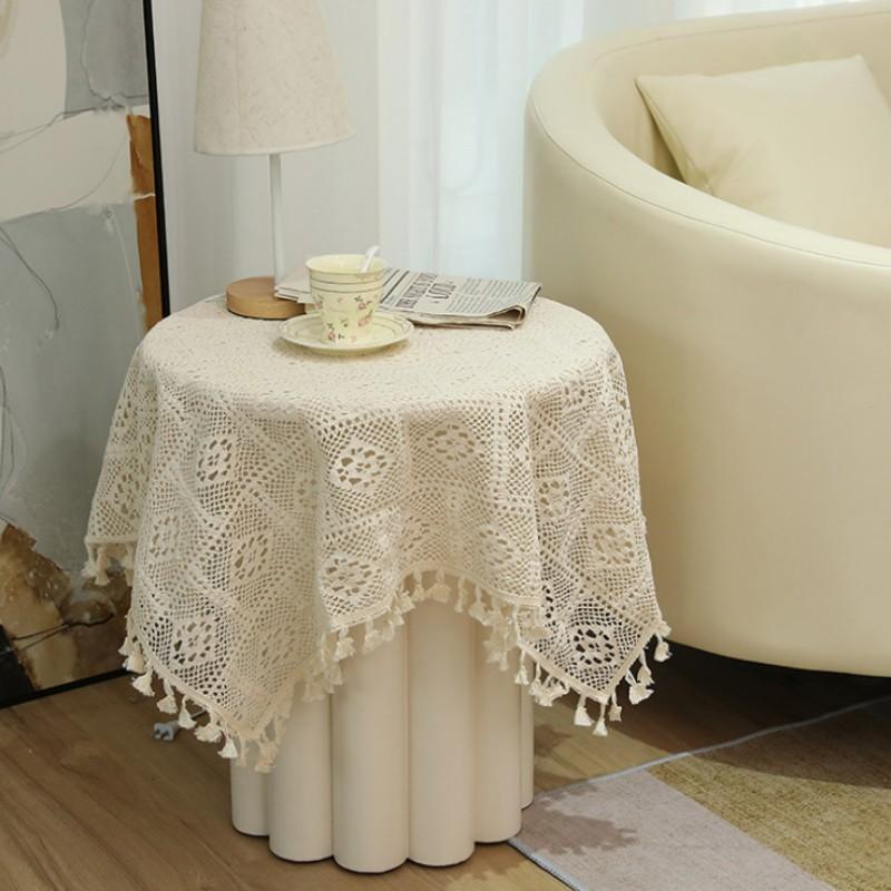 Pastoral Handmade Crochet Square Cotton Tablecloth Bedroom Balcony Corridor Tea Party Round Table Piano Cover Cloth Tapete Nappe