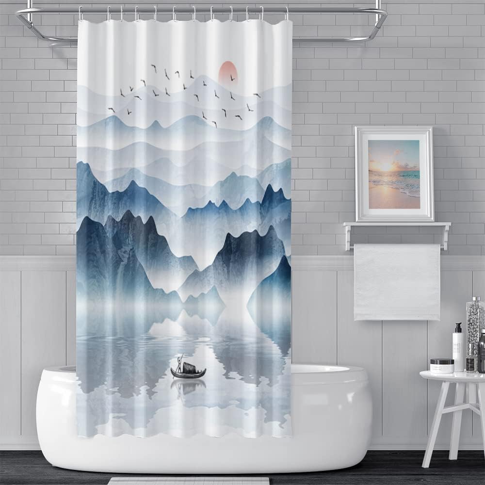 Modern Oil Painting Mountain View Shower Curtain Natural Cloudy Landscape Bathroom Decoration Shower Curtain With Hook