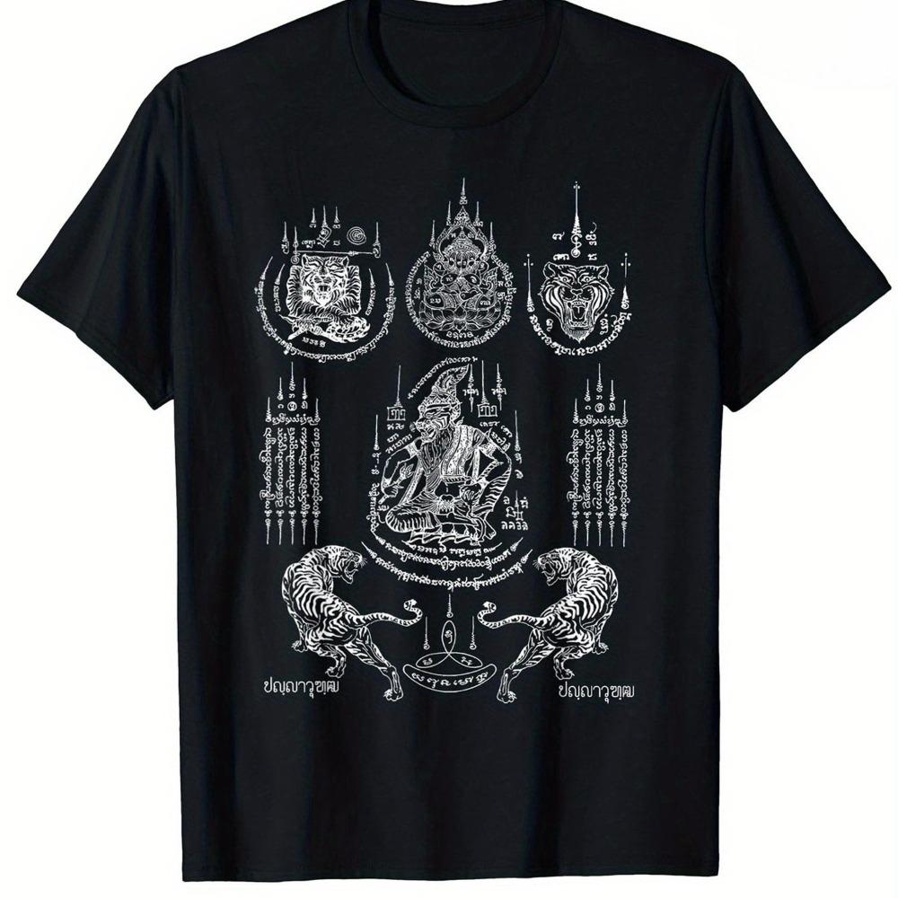 

Sawaee Men S Traditional Thai Tattoo Double Tiger Muay Thai T-Shirt Breathable Black Tee Featuring Exquisite Prints of Tiger S разноцветный