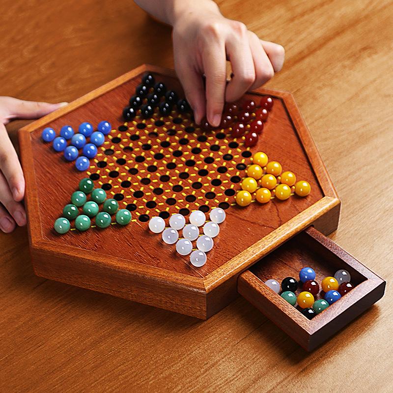 Großes Holz-Dame- und Schachspiel mit Achatkugeln - Ideal für Erwachsene und Eltern mit Kindern