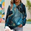 Women Plus Size Black Drawstring Hoodie Long Sleeve Blue Peony Tree Print Pullover Kangaroo Pocket