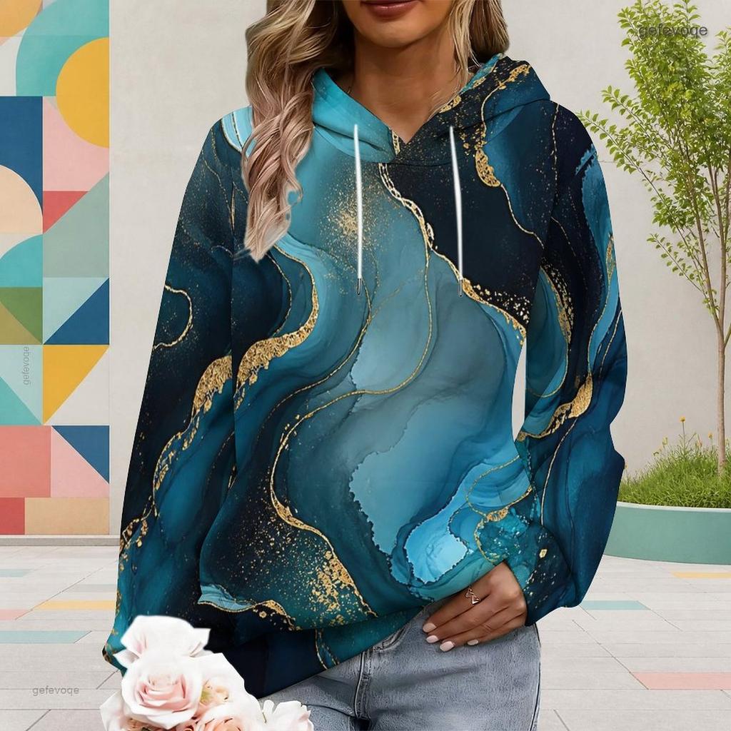 Women Plus Size Black Drawstring Hoodie Long Sleeve Blue Peony Tree Print Pullover Kangaroo Pocket