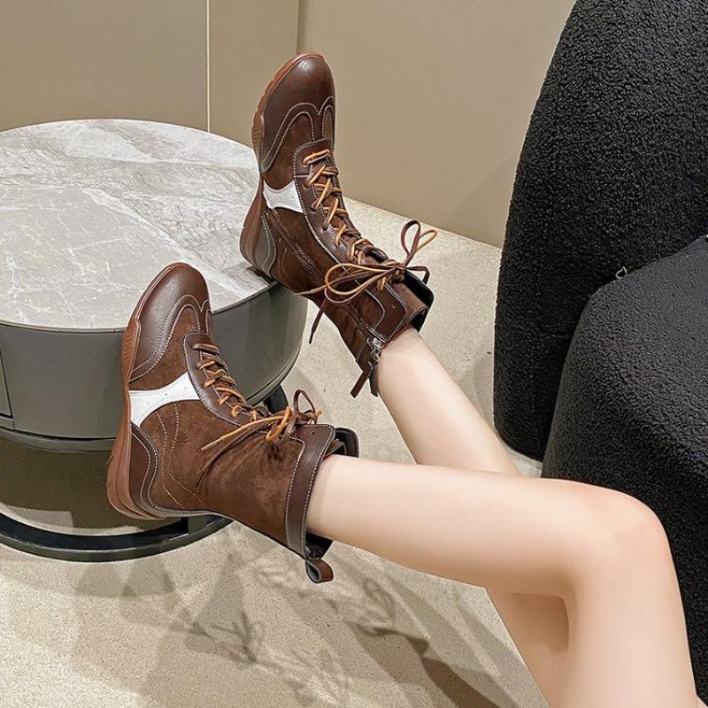 Fashion Heightened Inner Flat High Top Women's 2025 New Square Toe Versatile Lace-up Mid-leg Boots