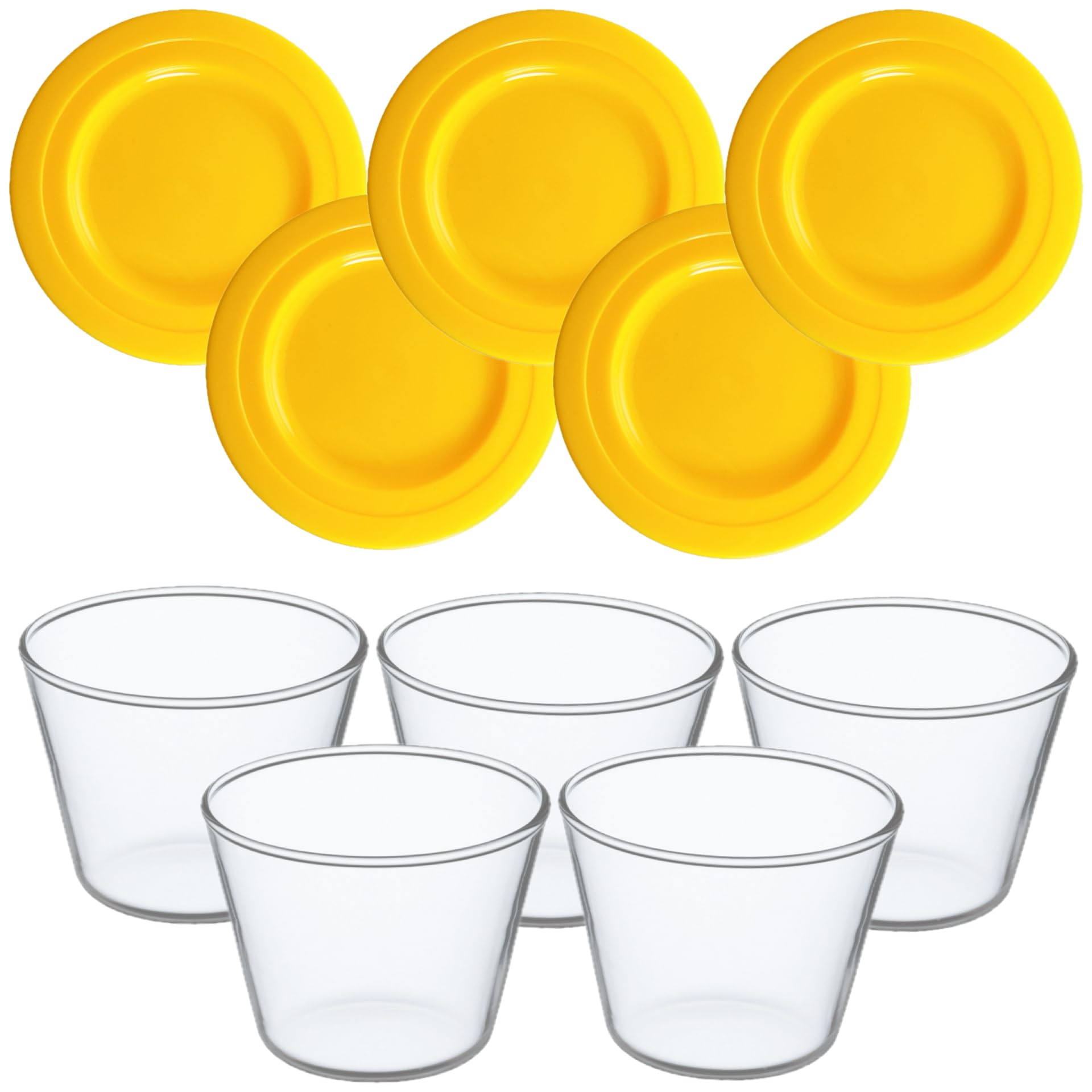 iwaki Pudding Cups Set of Storage Stackable Heat-Resistant (with Lids), 5, Containers, Heat-Resistant Glass, Yellow, 100ml,