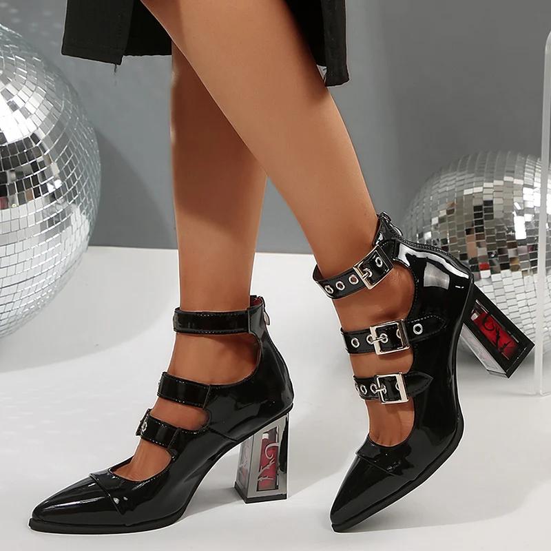 Pantofi cu toc înalt, gotici, punk, cu cataramă metalică Y2K, Mary Jane Lolita, pentru femei, cu toc roz, cu vârf ascuțit, pentru petrecere