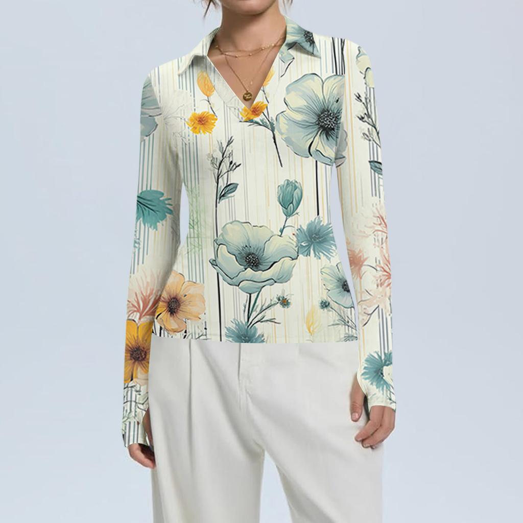 Women's Fashion Casual Print V-Neck Long Sleeve Button-Down Top