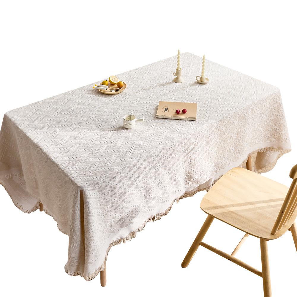 Französische Creme Baumwolle Leinen Tischdecke Waffelstruktur Rechteckig Esstischdecke Quastenrand Waschbar Bauernhaus Küche Couchtisch Abdeckung Dekoration