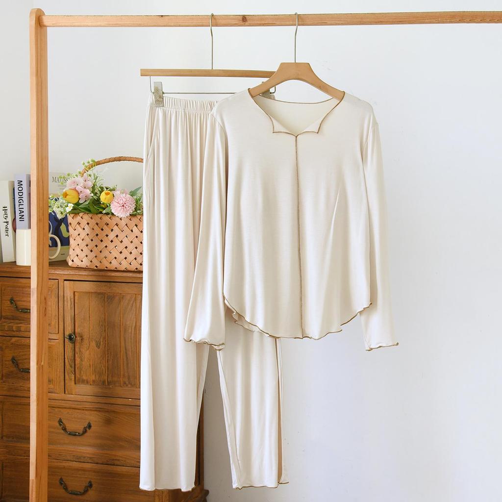Women's Spring/Autumn Modal Pajama Set: Padded Cup, Long Sleeve, Long Pants, Side Pocket, Loose Fit - Wear Indoors or Out.