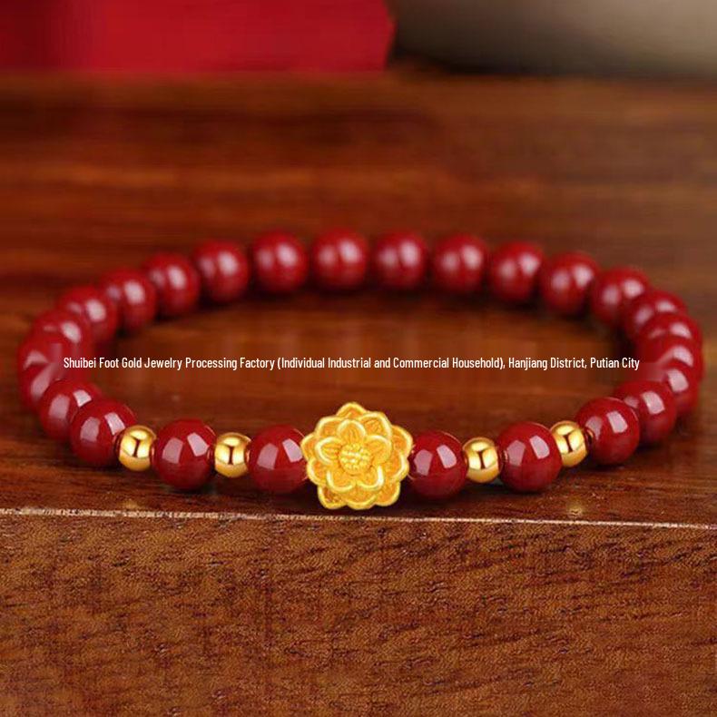 Gold Cinnabar Pixiu Bracelet with Lucky Beads and Curved Tube for Women – 999 Pure Gold DIY Gift