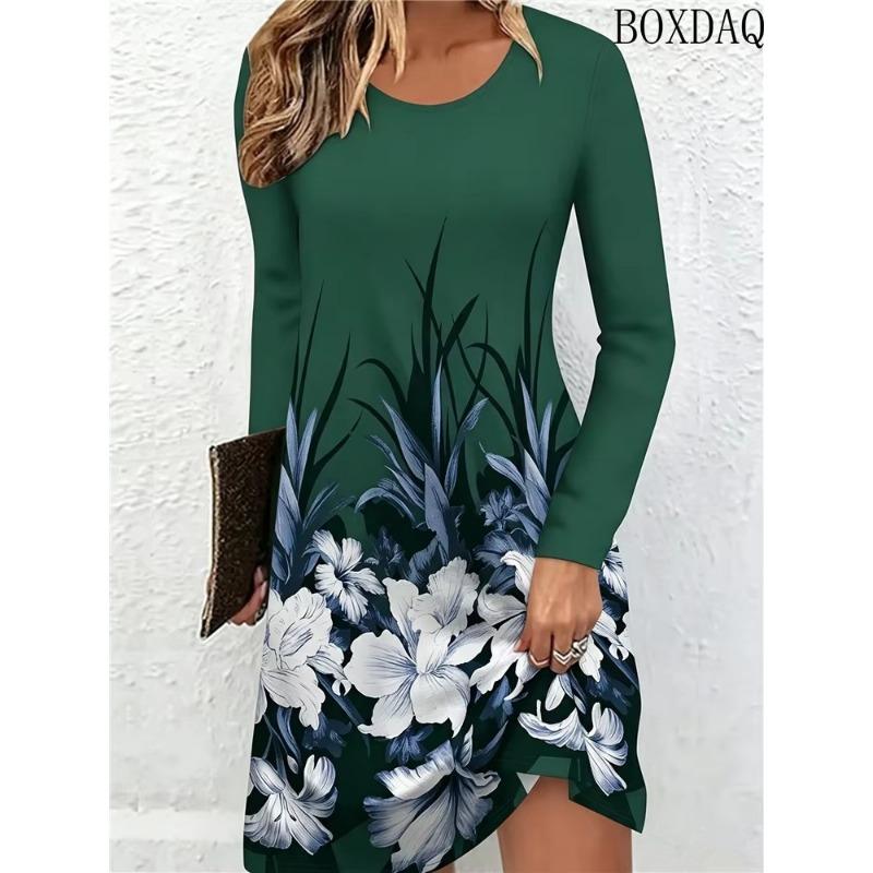 New Autumn Women's Fashionable Dresses Long Sleeved Round Neck Floral Print Loose Home Casual Dress