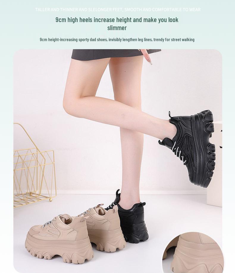 Women's Genuine Leather Height-Increasing Platform Dad Shoes - Breathable, Mesh, Hidden Heel for Autumn & Winter