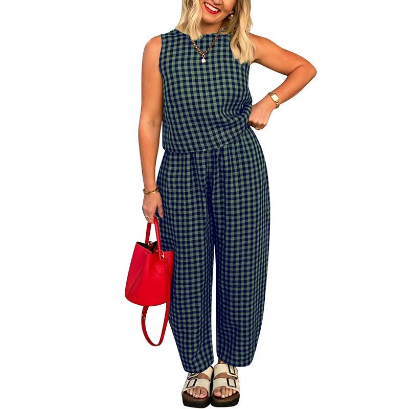 

Womens Sleeveless Wide Leg suit Plaid Print Deep V Neck Romper 5 Colors XXL темно-зелений колір